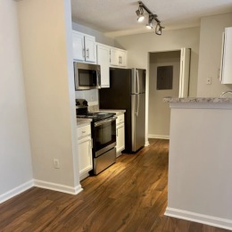kitchen with ample counter-space, modern appliances and bright lighting